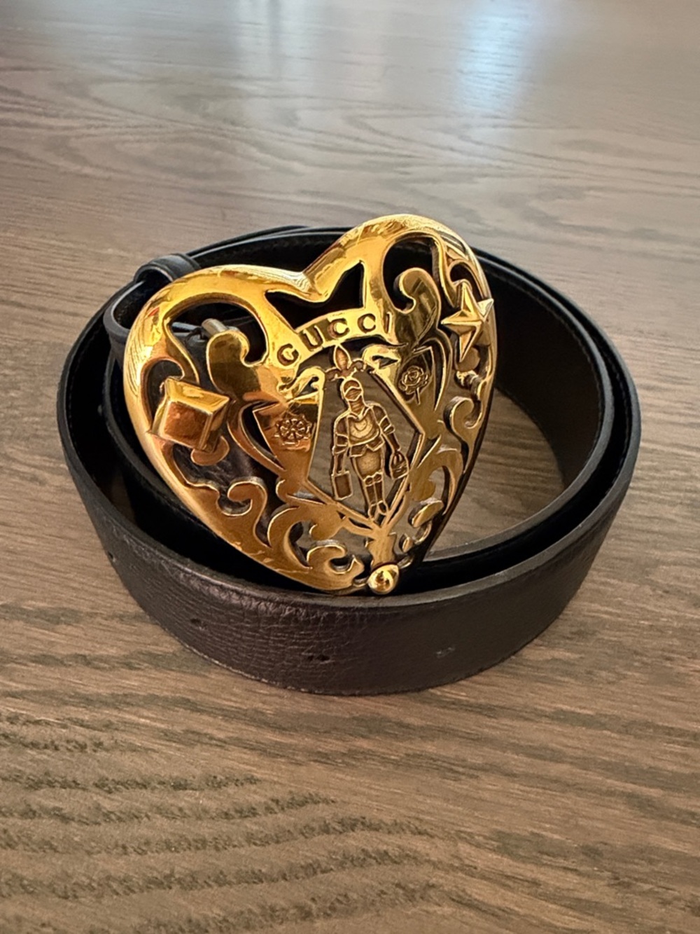 Gucci Black Leather Belt with Gold Heart-Shaped Filigree Buckle